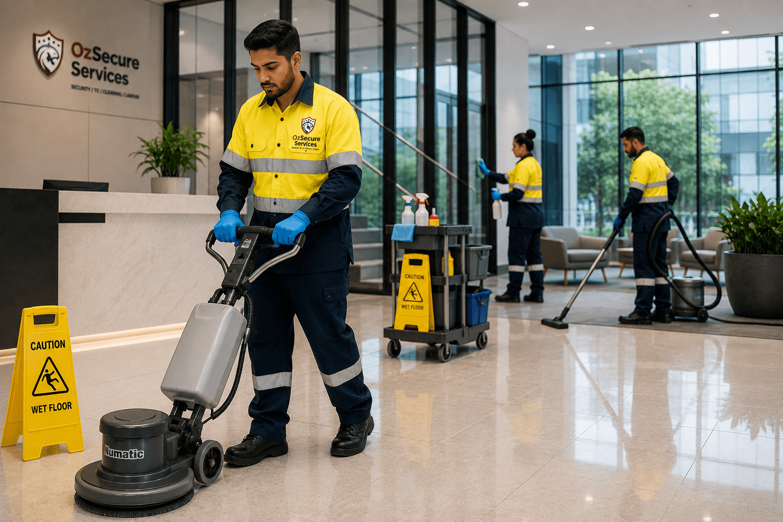 Commercial cleaning crew at work